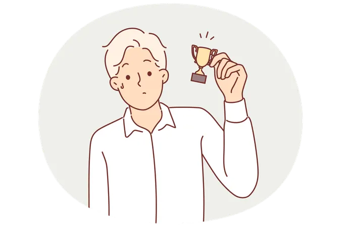 Man with small cup for minor achievement feels displaced after receiving consolation prize  Illustration