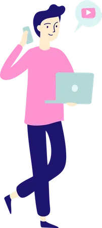 Happy Young Man With Smartphone And Laptop Illustration
