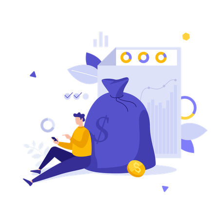 Man with smartphone leaning on large money bag  Illustration