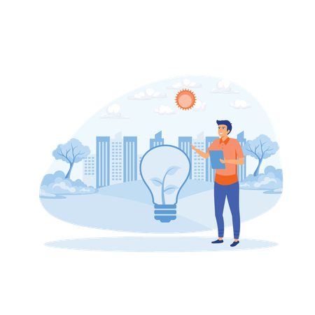 Man with solar energy panels and smart home technology  Illustration