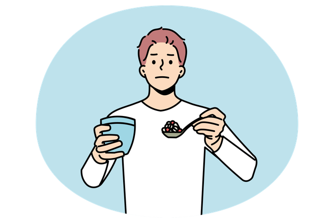 Man with spoonful of pills having medications  Illustration