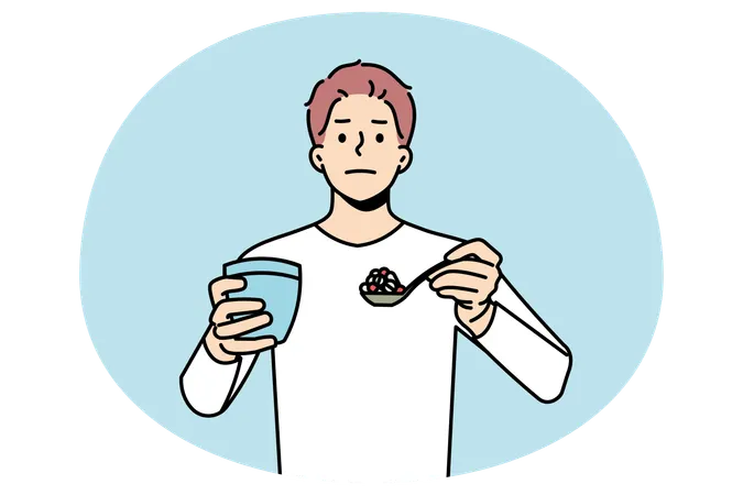 Man with spoonful of pills having medications  Illustration