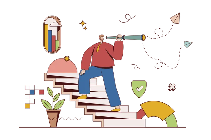 Man with spyglass climbs career ladder and looks for better solutions and progress  Illustration