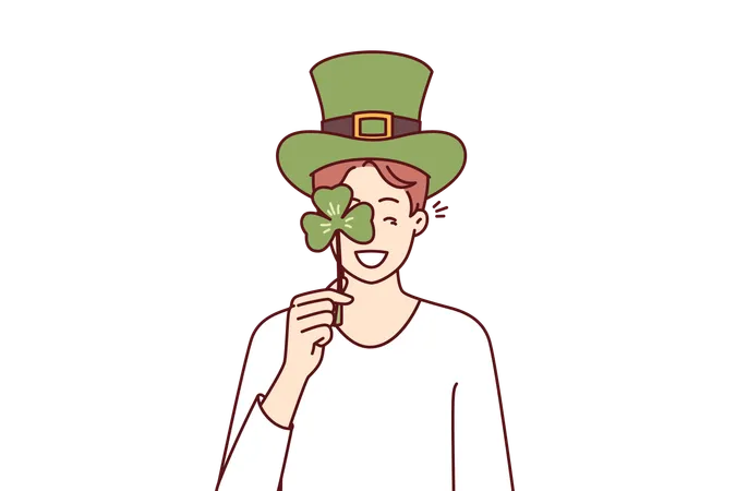 Man with St Patrick Day celebration accessories wearing green hat and covering eye with clover petal  Illustration