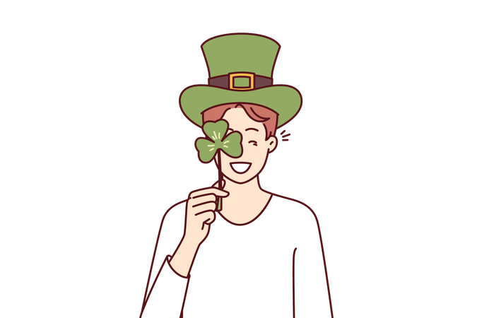 Man with St Patrick Day celebration accessories wearing green hat and covering eye with clover petal  Illustration