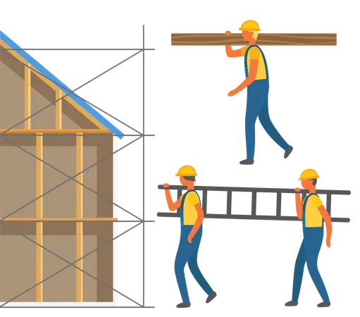 Side View Of Man Builders Carrying Stairs And Wood Block Repairs Wearing Helmet And Work Clothes Holding Log House Construction Zone Building Vector Illustration