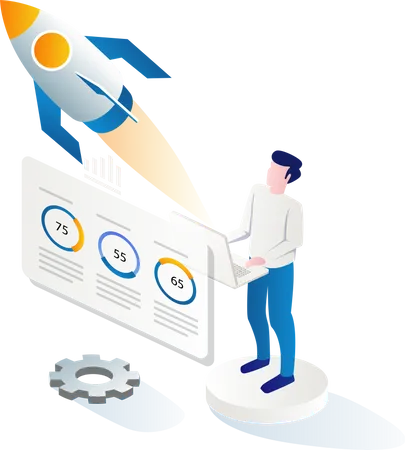 Man Controlling Rocket With Data Analyst Illustration