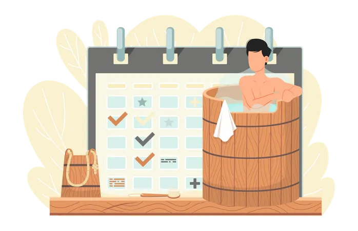 Time Tracking And Time Management Concept Giant Schedule With Notes Calendar With Signs On Background Sexy Guy In Wooden Barrel Is Resting And Taking Steam Bath Man Bathes In Boiling Water Illustration