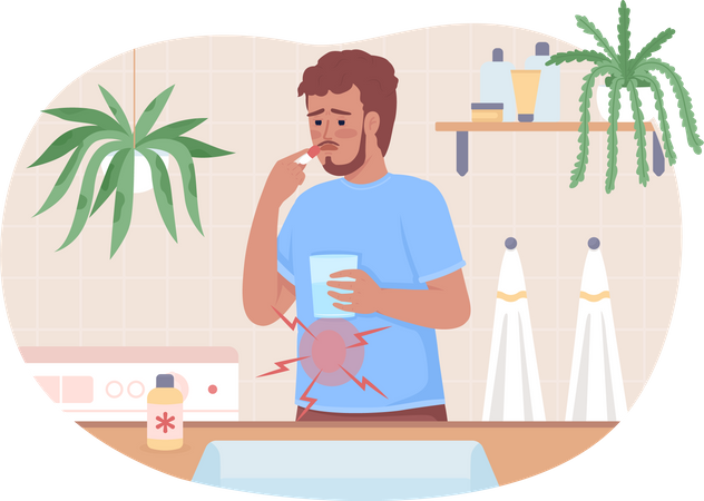 Man with stomach ache taking drugs at home Illustration