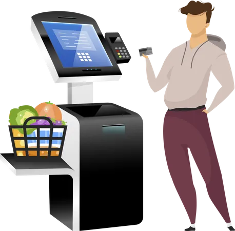 Man With Store Terminal Flat Color Vector Faceless Character Contactless Payment Machine Isolated Cartoon Illustration On White Background Supermarket Self Service Kiosk With Interactive Interface Illustration