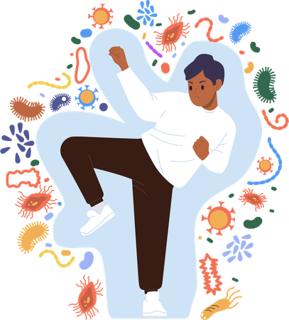 Man with strong healthy immune system fighting against bacterial infection  Illustration