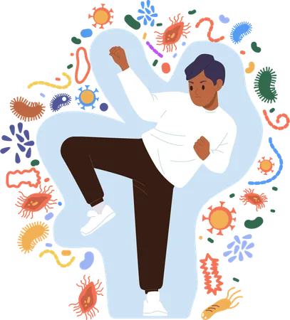 Karate Man Cartoon Character With Strong Healthy Immune System Fighting Against Bacterial And Viral Infection Vector Illustration Microbe Attack Prevention Immunity Resistance And Disease Protection Illustration