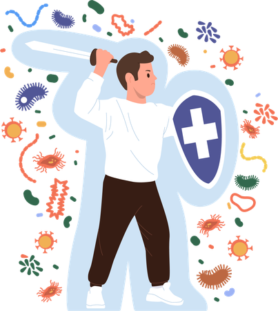 Man with strong immunity using sword shield fighting against infectious pathogen  Illustration