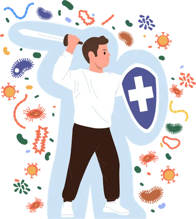 Man with strong immunity using sword shield fighting against infectious pathogen  Illustration