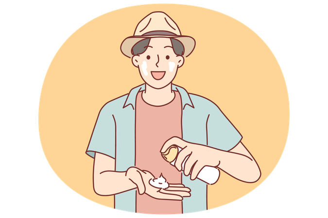 Man with sunscreen stands in beach wear during summer trip to tropical island with hot climates  Illustration
