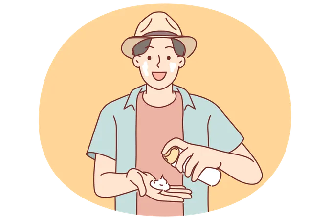 Man with sunscreen stands in beach wear during summer trip to tropical island with hot climates  Illustration