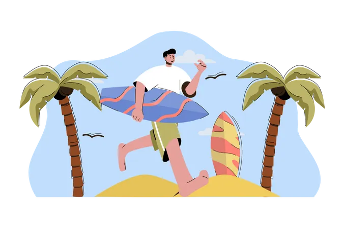 Man with surfboard running towards ocean Illustration