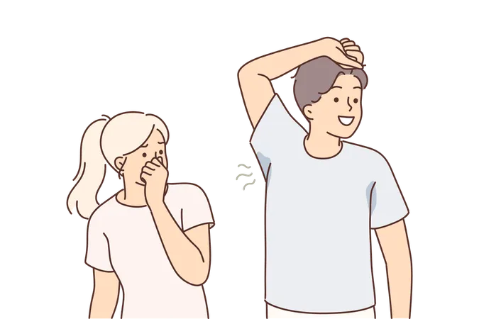 Man With Sweaty Armpit Emitting Unpleasant Odor Near Woman Who Is Disgusted And Pinches Nose Because Of Stench Guy Not Using Deodorant Or Antiperspirant With Sweaty Armpits And Stains On T Shirt Illustration