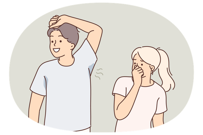 Man with sweaty armpit emitting unpleasant odor near woman who is disgusted and pinches nose  Illustration