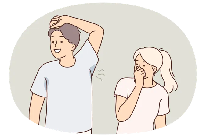 Man with sweaty armpit emitting unpleasant odor near woman who is disgusted and pinches nose  Illustration