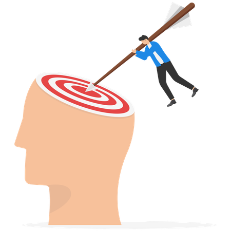 Man with target on head hit by arrows from sky  Illustration