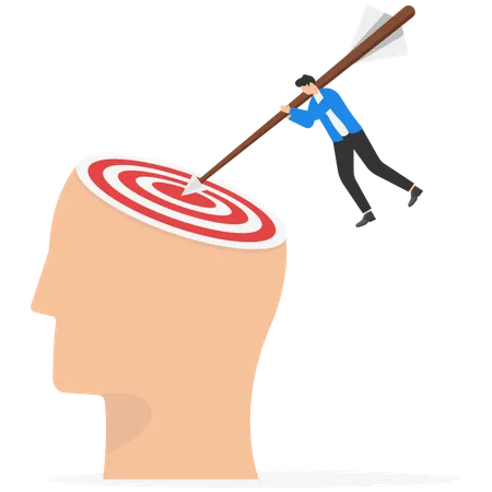 Man with target on head hit by arrows from sky  Illustration