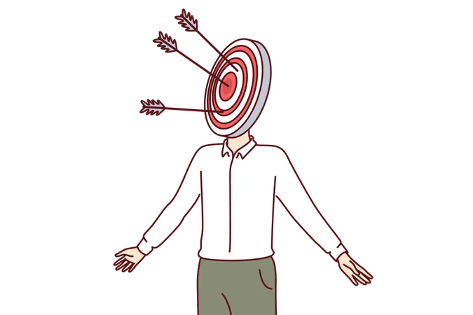 Man with target on head symbolizes targeted marketing and having portrait of potential client  Illustration