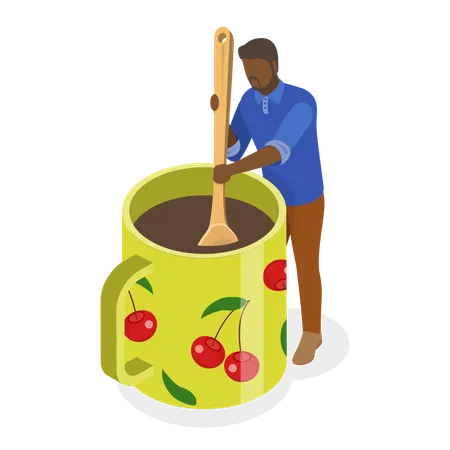 お茶やコーヒー中毒の男性  イラスト