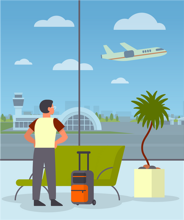 Man with the baggage in the airport waiting room  Illustration