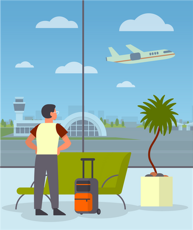 Man with the baggage in the airport waiting room Illustration