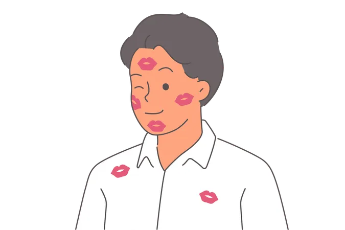 Man with traces of kisses on face and shirt left by girlfriend smiles after end of date  Illustration