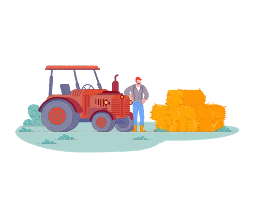 Man with tractor gathering hay in haystack  Illustration