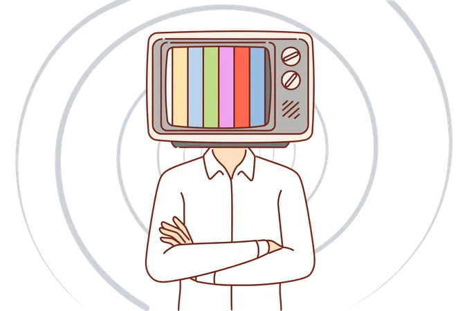Man With TV Instead Of Head Stands With Arms Crossed Demonstrating Lack Of Signal Caused By Broken Display Retro TV In Place Of Face Of Guy Working As Host Of Evening Show On Cable Television Illustration