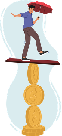 Man with Umbrella Balance On Coin  Illustration