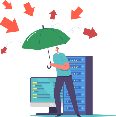 Man with Umbrella Protect Computer from Virus Attack Illustration