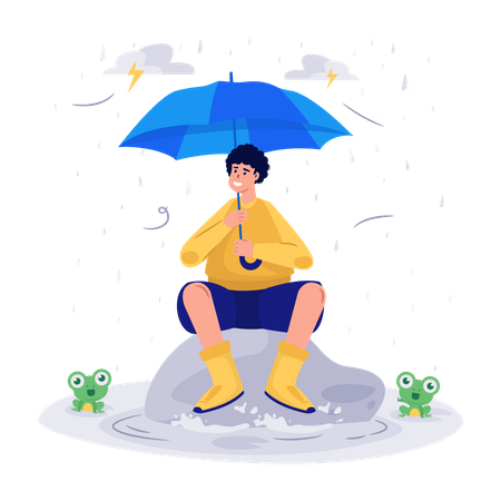 Man with Umbrella Rainy Day  Illustration