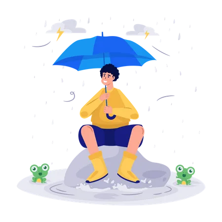 Man with Umbrella Rainy Day Illustration