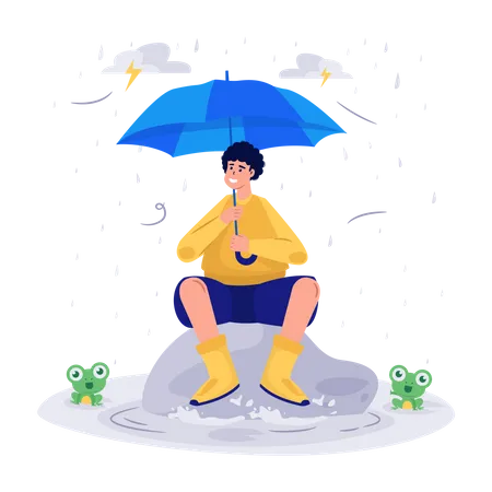 Man with Umbrella Rainy Day  Illustration