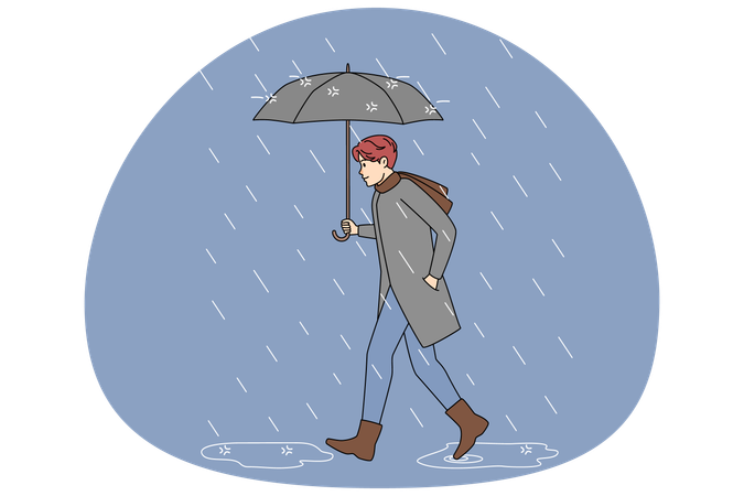 Man with umbrella walking in rain  Illustration