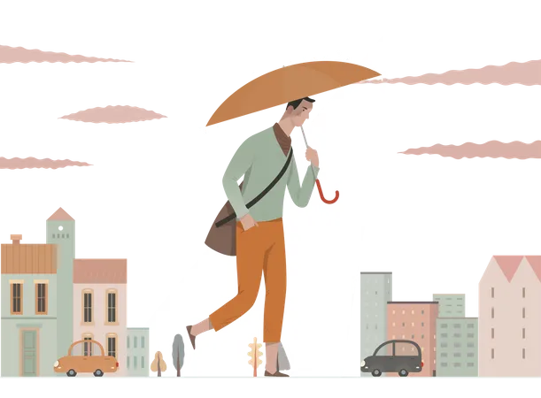 Man with umbrella walking in rain Illustration