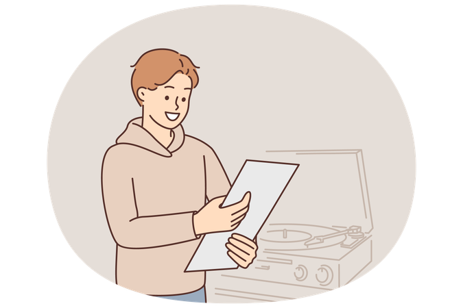 Man with vinyl record stands near gramophone and smiling looks at box of vintage sound recordings  Illustration