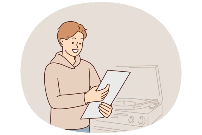 Man with vinyl record stands near gramophone and smiling looks at box of vintage sound recordings  Illustration