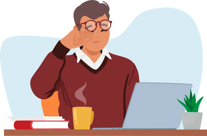 Man With Vision Problems Struggles To Use A Laptop Male Office Manager Character Squinting Rubbing Eyes Highlighting The Challenge Of Accessibility In Technology Cartoon People Vector Illustration Illustration