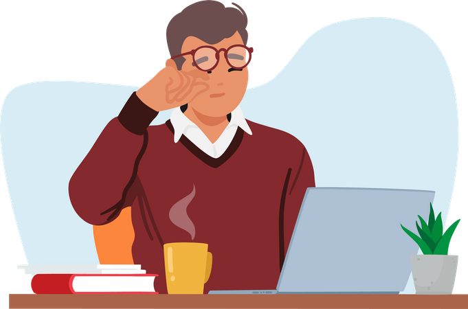 Man With Vision Problems Struggles To Use Laptop  Illustration
