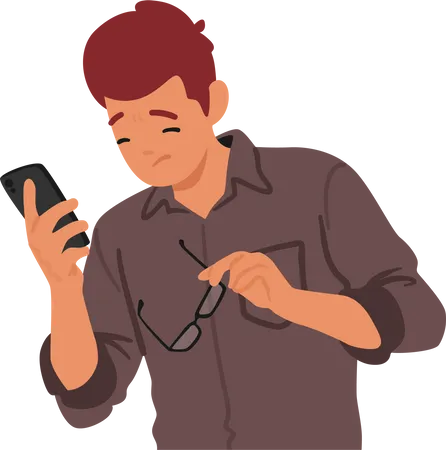 Man With Vision Problems Struggles To Use A Smartphone Male Character Holding Glasses And Mobile Squinting And Tapping Slowly As He Navigates The Screen Cartoon People Vector Illustration Illustration