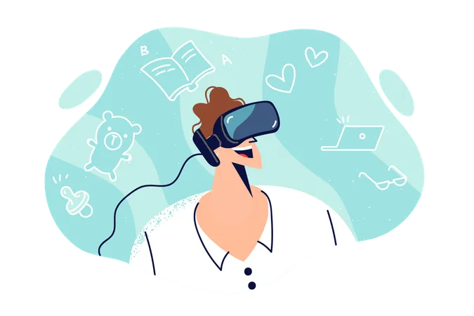Man With VR Headset On Head Watches Video Reminiscing About Own Childhood And Studying At School Or Work Guy With Vr Equipment Spends Life In Metaverse Without Wanting To Communicate With Real People Illustration