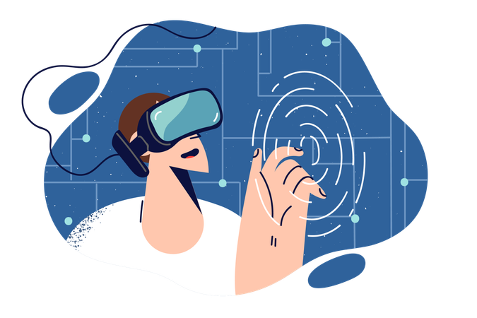 Man with VR headset on head smiles touching invisible screen visiting metaverse.  Illustration