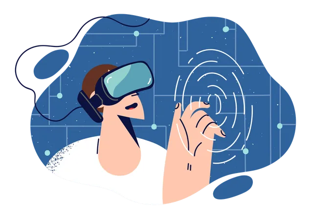 Man With VR Headset On Head Smiles Touching Invisible Screen Visiting Metaverse With Augmented Reality Satisfied Guy Uses Innovative VR Glasses Or Helmet To Immerse Himself In Cyber Space Illustration