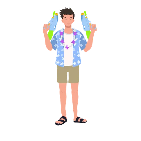 Joyful Man Enjoying Songkarn Festival Water Fight Man With Water Gun Illustration