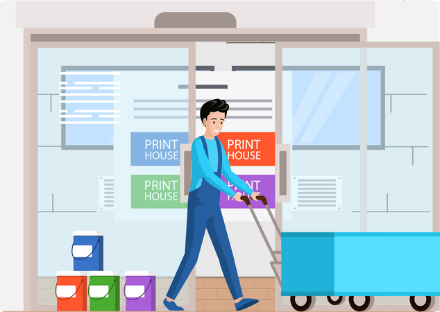 Man with wheelbarrow transports equipment for printers  Illustration